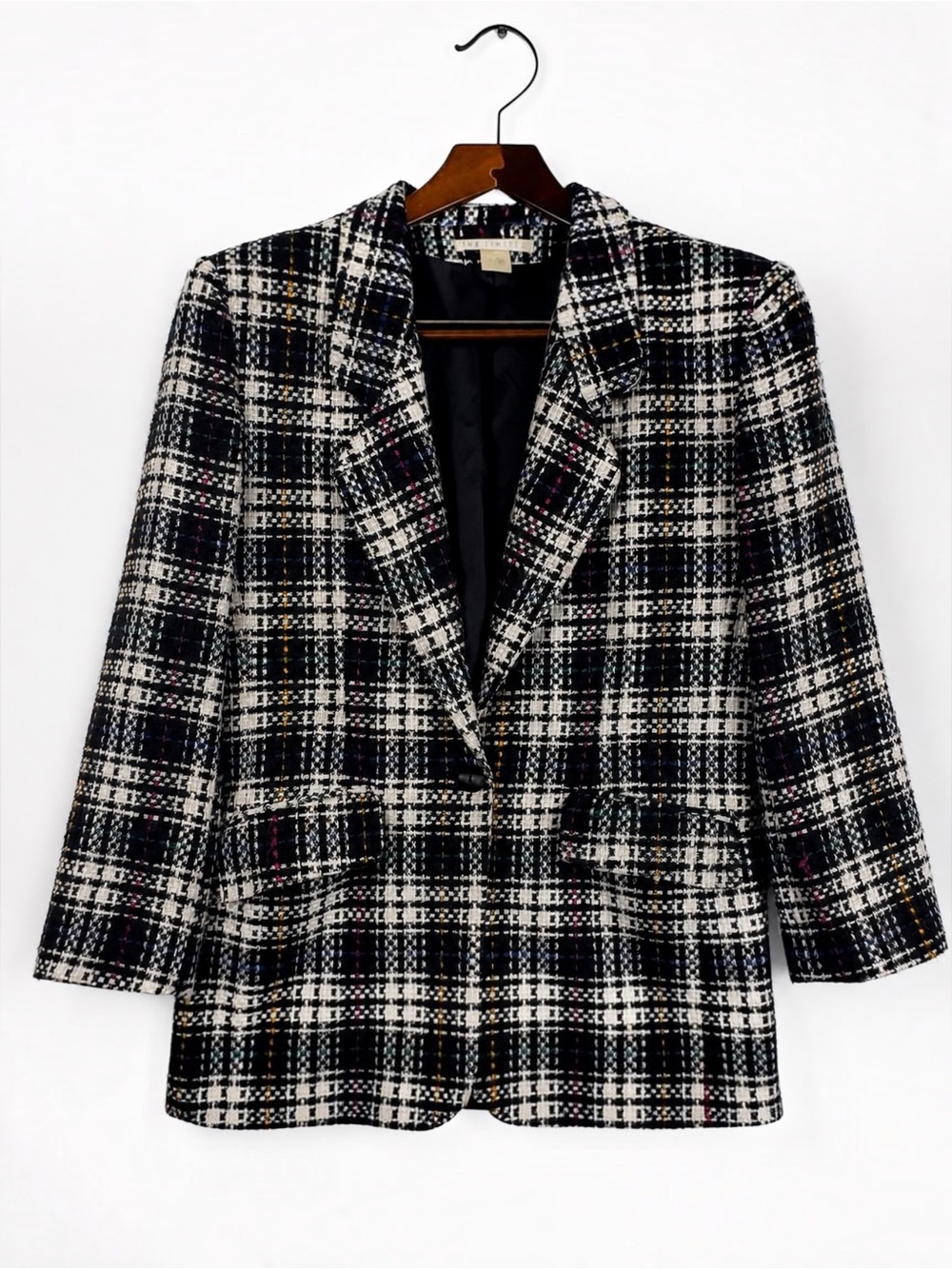 Vintage The Limited Plaid Tweed Blazer M Black White Multicolor 90s